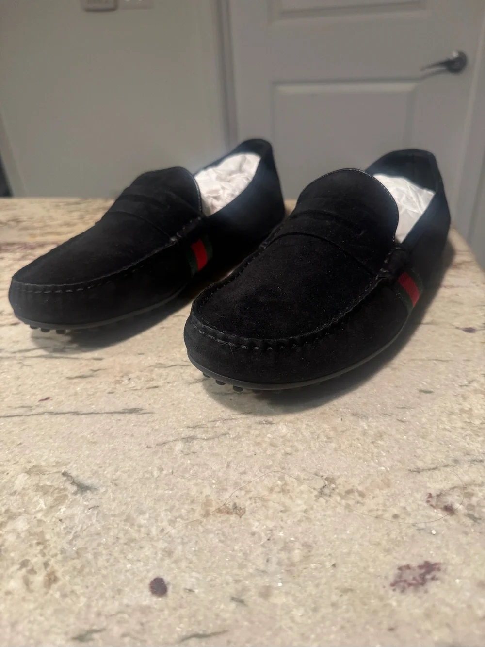 Gucci Black Suede Loafers with Red & Green Web Stripe